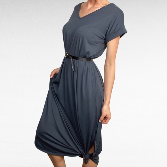 Entro | Solid Grey V-Neck Short Cuffed Sleeve Modern Midi Dress w/Pockets - Picture 2 of 9